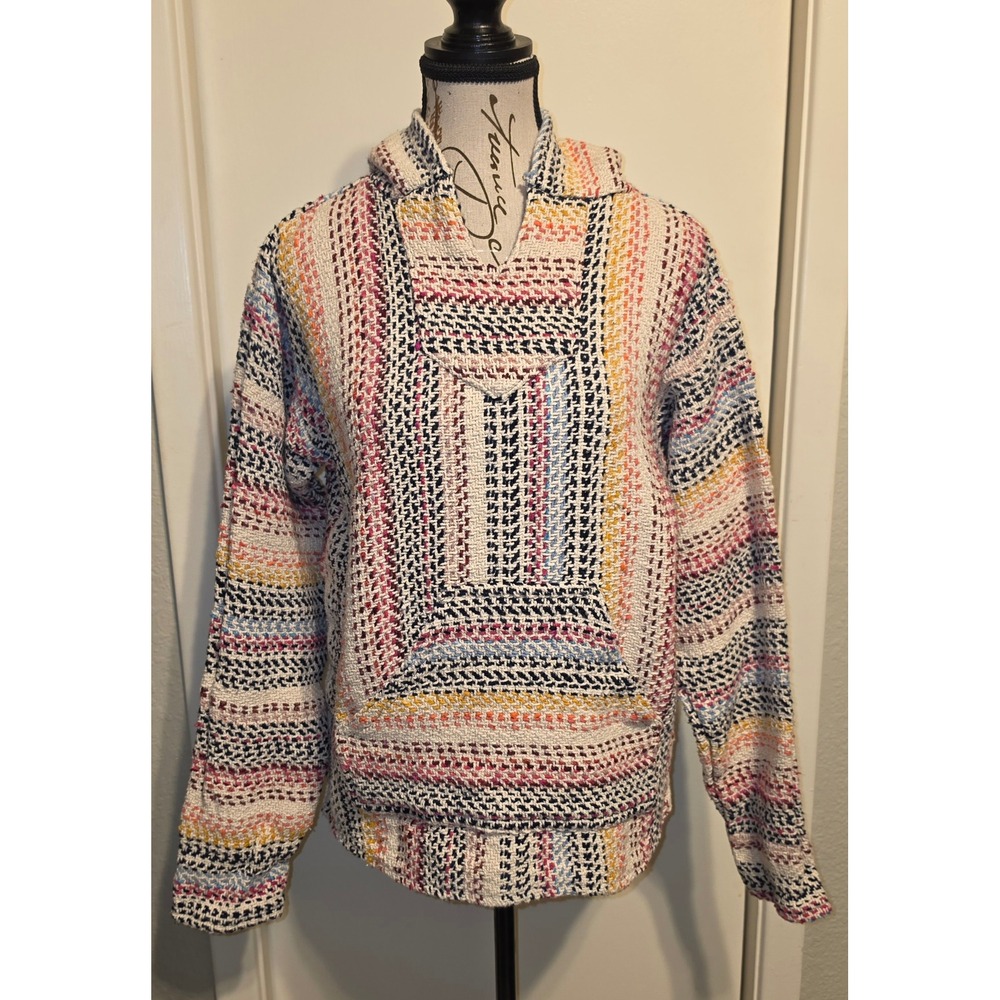 Knott's Berry Farm Baja Hoodie Multi-Color Striped Woven Drug Rug Pullover Small
